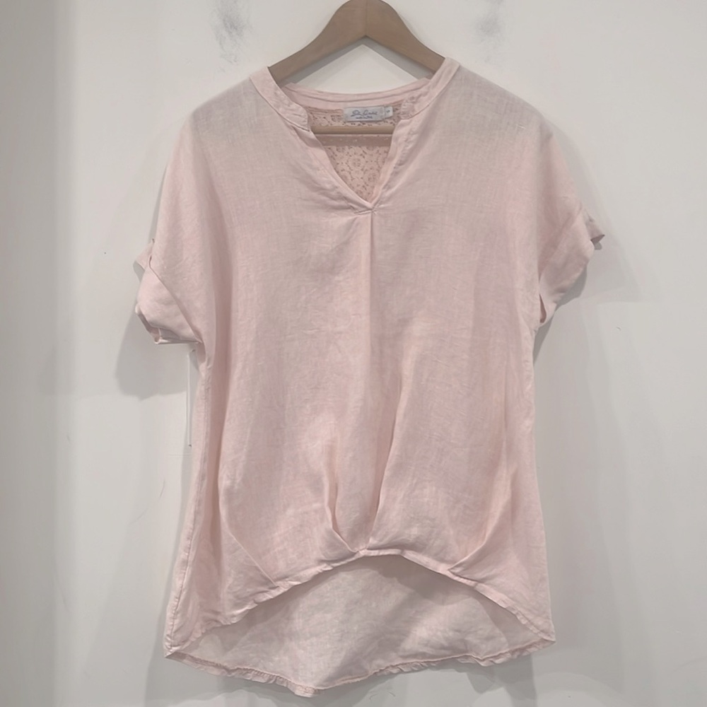 Blue Orchid Linen Lace V Neck Dolman sleeve hi low Top Blouse in Pastel Pink S